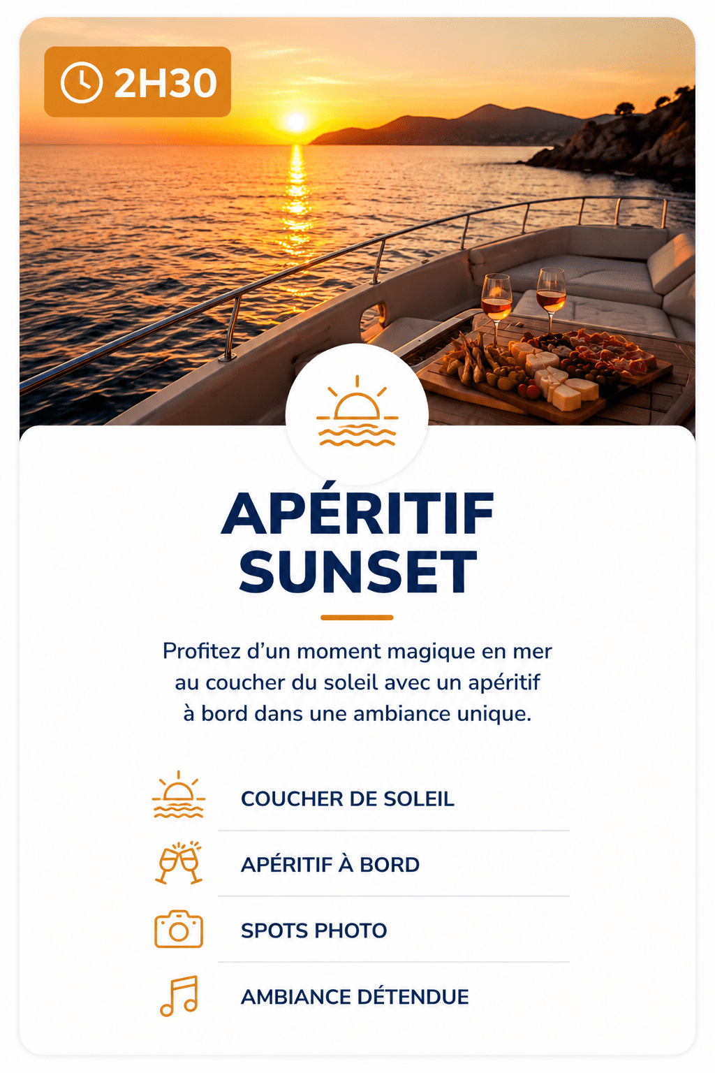 excursion aperitif coucher soleil en mer